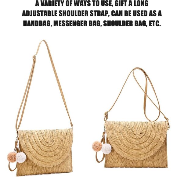 🆕Women Straw Brown Linen Clutch Purse Beach Envelope  Crossbody Shoulder Bag - Picture 5 of 6